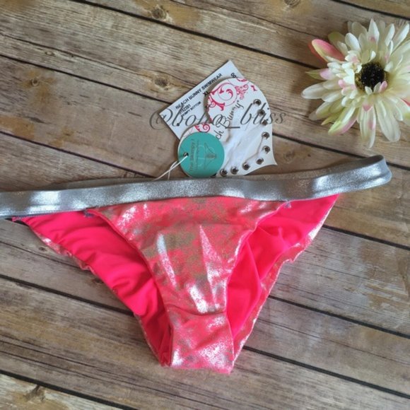 BEACH BUNNY | Neon Pink and Metallic Silver Galaxy Cheeky Bikini Bottom NWT - Picture 2 of 4